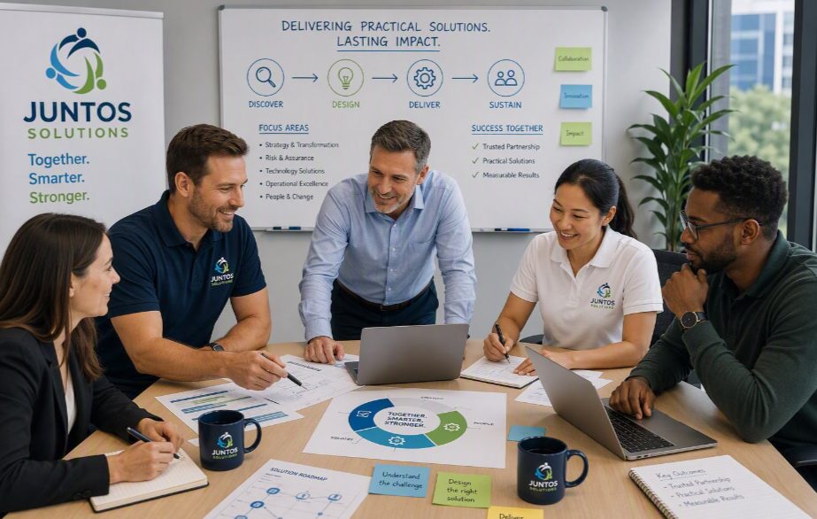 A Juntos Solutions team working through a client assessment around a meeting table.